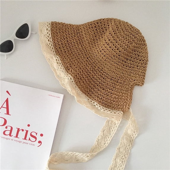 SikaFu French Lace Lace Lace Korean Version Loli Sunshade Straw Hat For Women, Summer Small, Fresh, Sweet, Cute Strap Fisherman Hat
