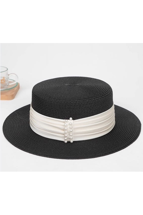 French Style Pearl Straw Hat, Women's Summer Beach Sun Hat, Sun Protection Straw Woven Sun Hat, Socialite Style Flat Top Hat