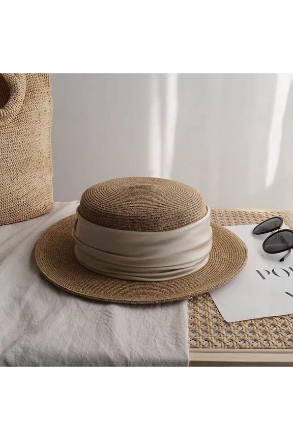 French Summer New Popular Short Flat Brimmed Women's Mixed Color Straw Hat Retro Casual Flat Top Hat Top Hat Hat Sun Shading And Sun Protection Hat