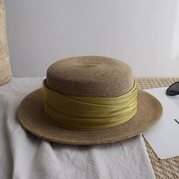 SikaFu French Summer New Popular Short Flat Brimmed Women's Mixed Color Straw Hat Retro Casual Flat Top Hat Top Hat Hat Sun Shading And Sun Protection Hat