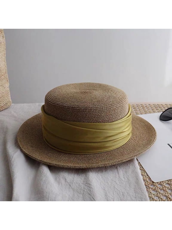 French Summer New Popular Short Flat Brimmed Women's Mixed Color Straw Hat Retro Casual Flat Top Hat Top Hat Hat Sun Shading And Sun Protection Hat