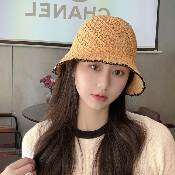 SikaFu Grass Woven Fisherman Hat For Women With Summer Sun Shading And Small Basin Hat, Korean Version Of Pastoral Style Lace Hollowed Out Versatile Bucket Hat