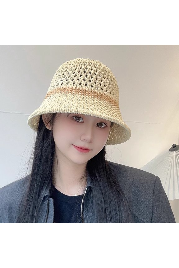 Grass Woven Hat For Women, Versatile Japanese Style Patchwork Hollow Bucket Hat, Summer Outdoor Beach Hat, Revealing Face, Small Sunshade Basin Hat