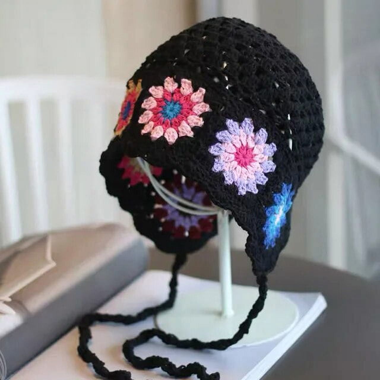 SikaFu Handmade Crochet Flower Strap Knitted Hat Spring and Autumn