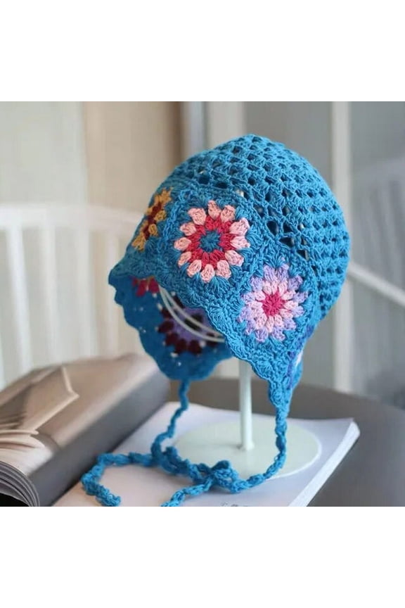 Handmade Crochet Flower Strap Knitted Hat Spring and Autumn Retro Color Matching Hollow Women Fashion Skull Beanie Cap