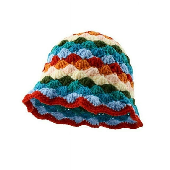 SikaFu Handmade Crochet Striped Bucket Hat For Women Hollow Knitted Cotton Panama Lovely Rainbow Fisherman Hats Summer Holiday Sun Caps