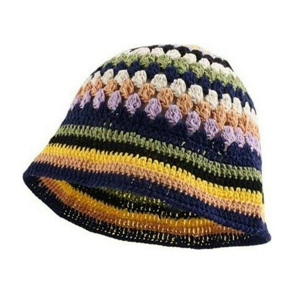 SikaFu Handmade Crochet Striped Bucket Hat For Women Hollow Knitted Cotton Panama Lovely Rainbow Fisherman Hats Summer Holiday Sun Caps