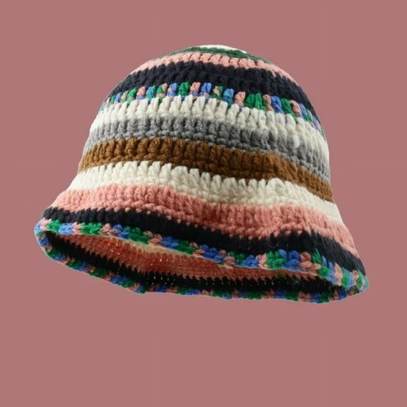 SikaFu Handmade Crochet Striped Bucket Hat For Women Hollow Knitted Cotton Panama Lovely Rainbow Fisherman Hats Summer Holiday Sun Caps