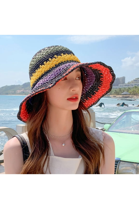 Handmade Straw Hat For Women, Foldable Bohemian Seaside Rainbow Color Patchwork Fisherman Hat, Sun Blocking And Face Revealing Small Tidal Basin Hat
