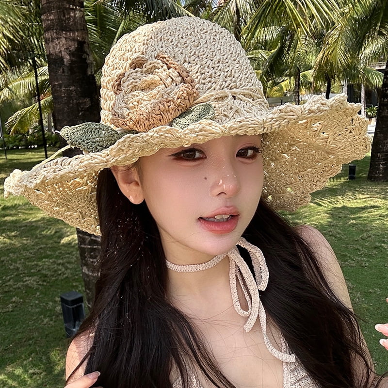 SikaFu Handmade Woven Flower Straw Hat For Women, Foldable Summer
