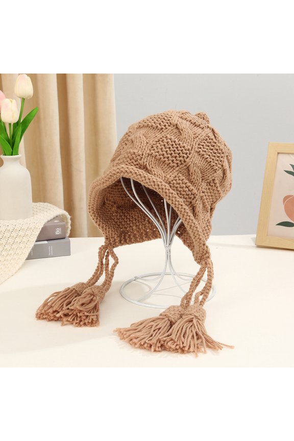 Hat Girl Autumn And Winter Ear Double Ears And Needle Weaving Caps Fashionable Pure Color Warm Hat Cute Wool Hat Outdoor Cold Prevention