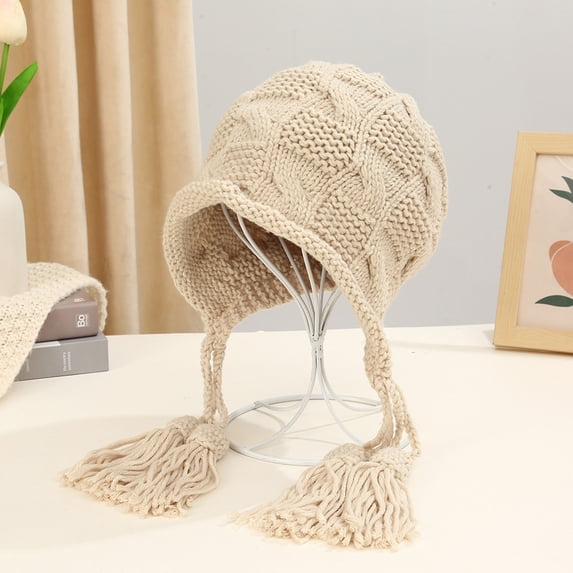 SikaFu Hat Girl Autumn And Winter Ear Double Ears And Needle Weaving Caps Fashionable Pure Color Warm Hat Cute Wool Hat Outdoor Cold Prevention
