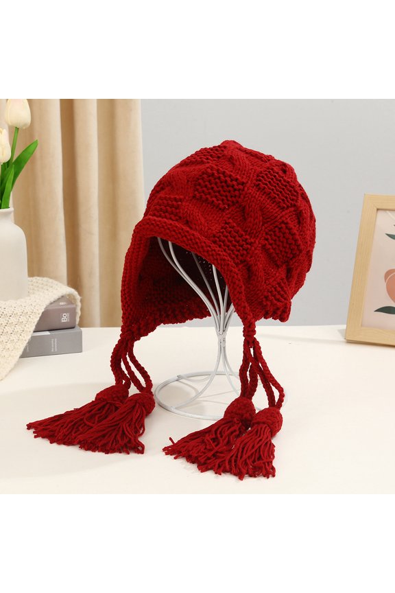 Hat Girl Autumn And Winter Ear Double Ears And Needle Weaving Caps Fashionable Pure Color Warm Hat Cute Wool Hat Outdoor Cold Prevention