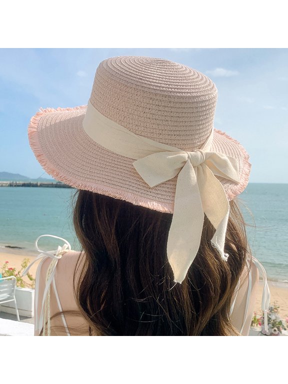 Hat Spring And Summer Female Fashion Straw Hat Seaside Holiday Beach Hat Flat Top Floating Strap Bow And Sun Hat