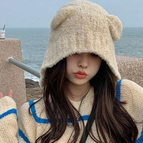 SikaFu Hat Women's Autumn And Winter Japanese Warm Ear Protection Knitted Hat Korean Version Versatile Cute Face Show Little Bear Ear Hat