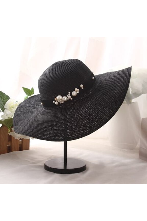 High Quality Summer Sun Hats for Women Solid Large Brimmed Sun Hats Black White Floppy Hats with Pearls Ladies Beach Hat