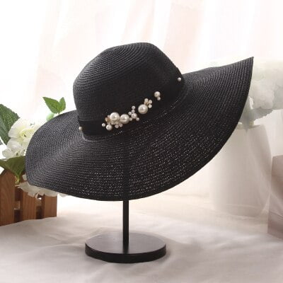 SikaFu High Quality Summer Sun Hats for Women Solid Large Brimmed Sun Hats Black White Floppy Hats with Pearls Ladies Beach Hat