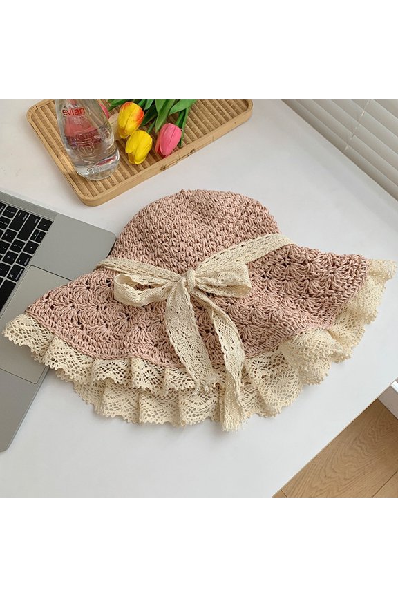 Hollow Ribbon Straw Hat Female Summer Seaside Holiday Sunscreen Hats Beach Sweet Sun Hat