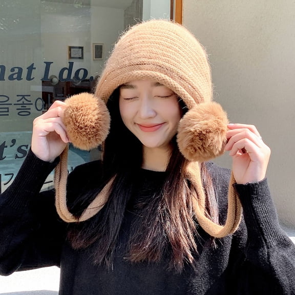 SikaFu Internet Celebrity Sequent Knitted Hat Lady In Autumn And Winter Hair Balls With Velvet Lighter Heating Hat Cute Strap Hat