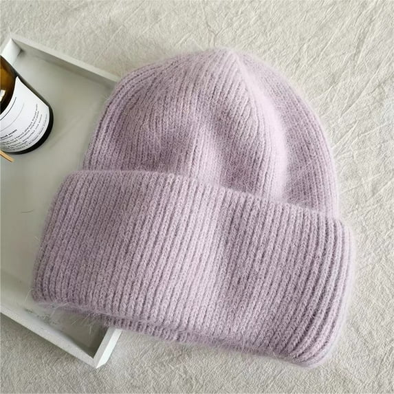 SikaFu Internet Famous Angora Rabbit Hair Warm Solid Color Light Board Versatile Autumn And Winter Candy Color Vertical Striped Knitted Hat For Women