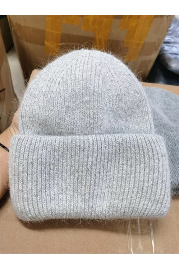 Internet Famous Angora Rabbit Hair Warm Solid Color Light Board Versatile Autumn And Winter Candy Color Vertical Striped Knitted Hat For Women