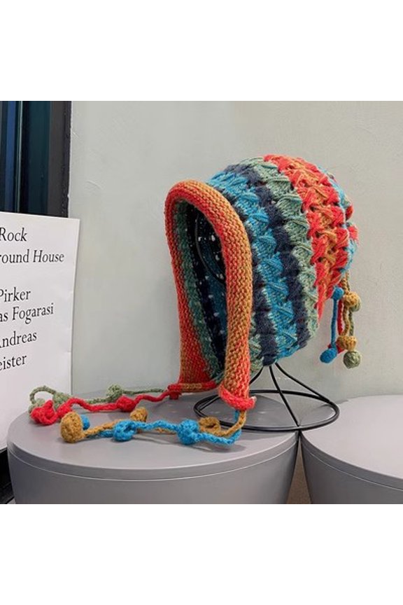 Japanese Colored Tassel Large Head Knitted Hat For Women In Autumn And Winter To Show Off Their Small Face. Korean Versatile Handmade Woolen Hat Style
