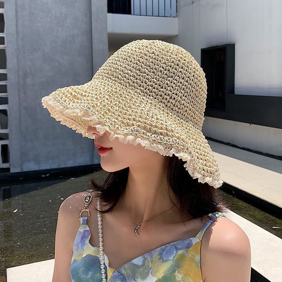 SikaFu Japanese Lace Straw Hat Female Small Fresh Beach Sun Hat Korean Edition Wild Foldable Sunscreen Fisherman Hat Summer