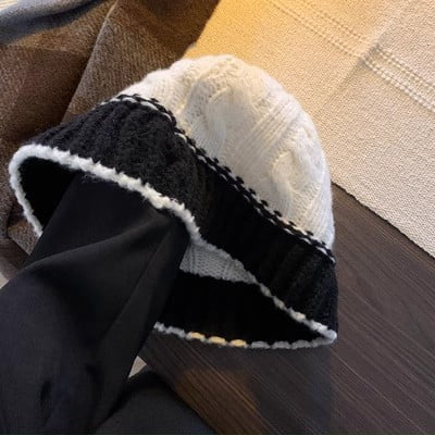 SikaFu Japanese Minimalist Color Patchwork Fisherman Hat For Women In Autumn And Winter, Korean Version Versatile Black Woolen Hat For Small Face, Knitted Hat Trend