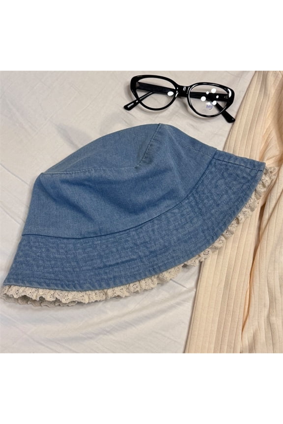 Japanese Relaxed Fisherman Hat For Women In Spring And Summer, Lace Trimmed Denim Sun Protection Hat, College Style, Artistic And Versatile Sun Visor Hat