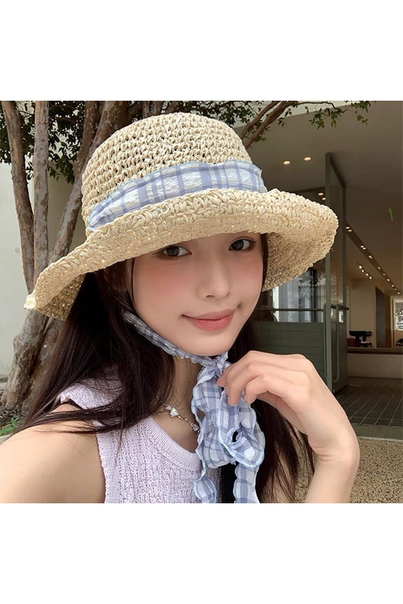 Japanese Style Fresh Blue Plaid Woven Ribbon Straw Hat For Women's Summer Outings With Large Brims, Sun Protection, And Beach Hat Trend