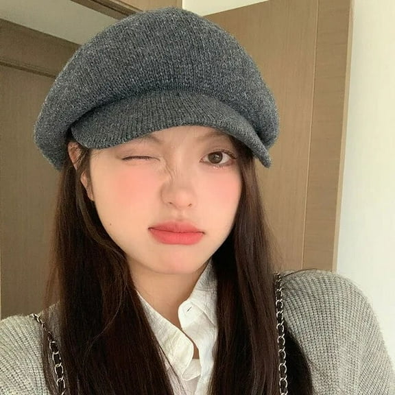 SikaFu Knitted British Beret Cap Women's Autumn and Winter Big Head Warm Elegant Temperament Short Brim Fashion Painter Hat