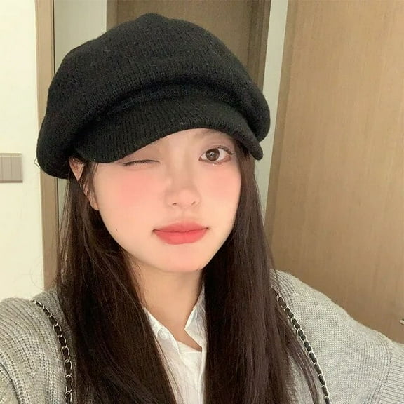 SikaFu Knitted British Beret Cap Women's Autumn and Winter Big Head Warm Elegant Temperament Short Brim Fashion Painter Hat
