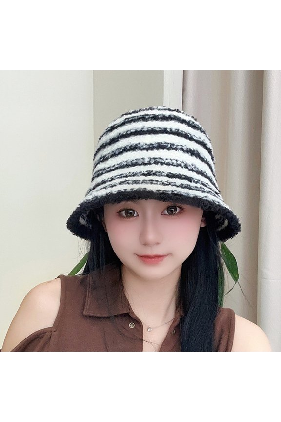 Knitted Fisherman Hat Autumn And Winter Women's Net Red Knitted Stripes Show Face Small Basin Hat, Versatile For Daily Leisure, Simple Bucket Hat