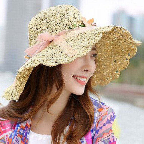 SikaFu Korea Style Summer Hats for Women Flower Garland Wide Brim Beach Cap Hat Packable Crochet Floppy Sun Hat Ladies Straw Hat