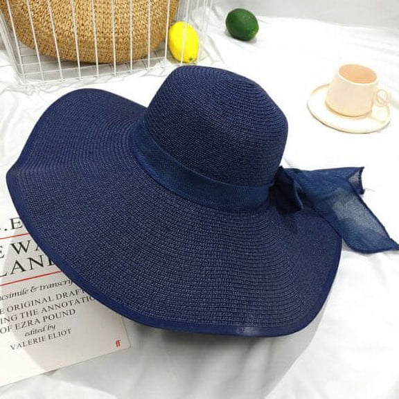 SikaFu Korea Style Women Summer Hat Solid Plain Big Bow Wide Brim Sun Hat Ladies Floppy Beach Cap Hat Packable Female Straw Hat