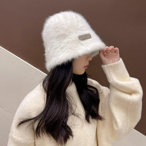 SikaFu Korean Rabbit Hair Hat, Versatile For Women In Autumn And Winter, Plush Fisherman Hat, Revealing Face, Small Bucket Hat, Korean Version Of Warm And Cold Basin Hat