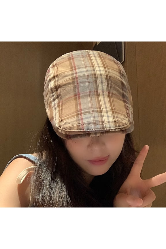 Korean Version Plaid Front Hat For Women, Summer Retro Thin Style Artistic Painter Hat With Small Face And Reverse Duck Tongue Painter Hat
