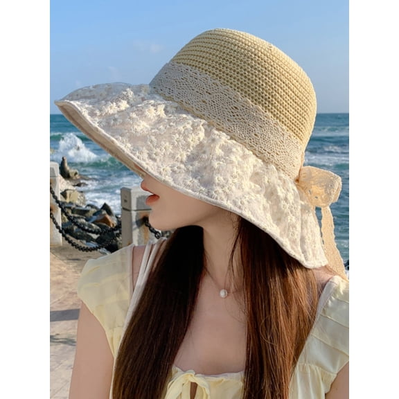 SikaFu Lace Bow Straw Hat Female Summer Air -Breathable Big Hat Sunshine Sunscreen Version Of The Beach Hat