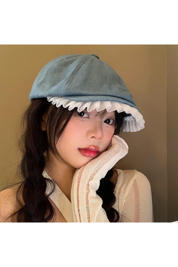 Lace Denim Beret. Female Spring And Summer Retro Facial Face Small Painter Hood
