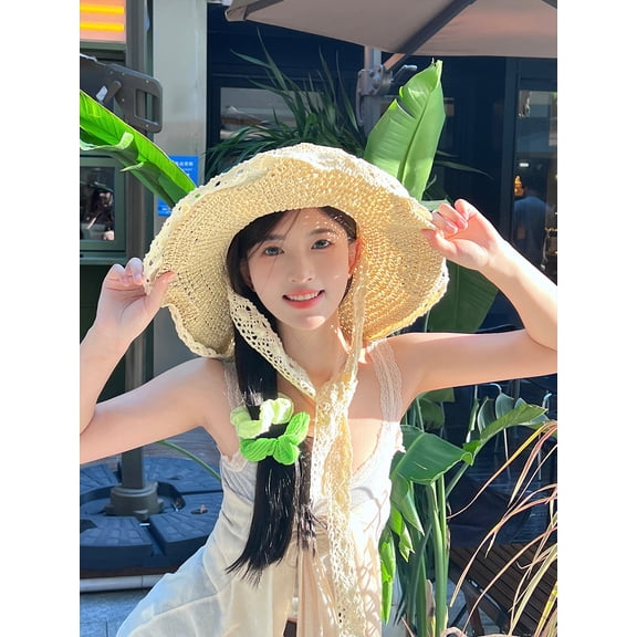 SikaFu Lace Lace Lace Tied Hollow Straw Hat For Women's Summer Beach Outing, Breathable And Sun Proof, Large Brim Sun Hat