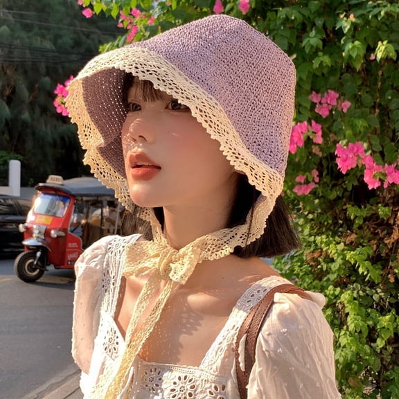 SikaFu Lace Lace Straw Woman Summer Beach Hat Small Fresh Seaside Vacation Sunscreen Sunscreen Hat Japanese Strap Tide