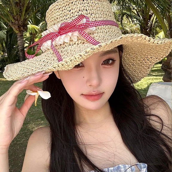 SikaFu Lace Ribbon Straw Hat For Women's Summer Seaside Vacation, Large Brim Sun Shading And Sun Protection Hat, Hollow Grass Woven Sun Hat Trend