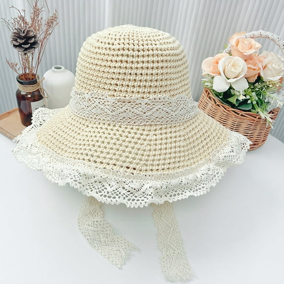 SikaFu Lace Tied Straw Hat, Woven Women's Large Brimmed Straw Hat, Summer Sunshade Hat, Face Covering, Vacation Beach Hat