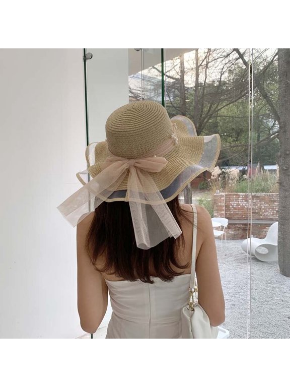 Large Eaved Bow Ribbon Beach Hat, Summer Outdoor Sunshade Hat, Wave Grass Hat, Lace Pearl Sun Hat