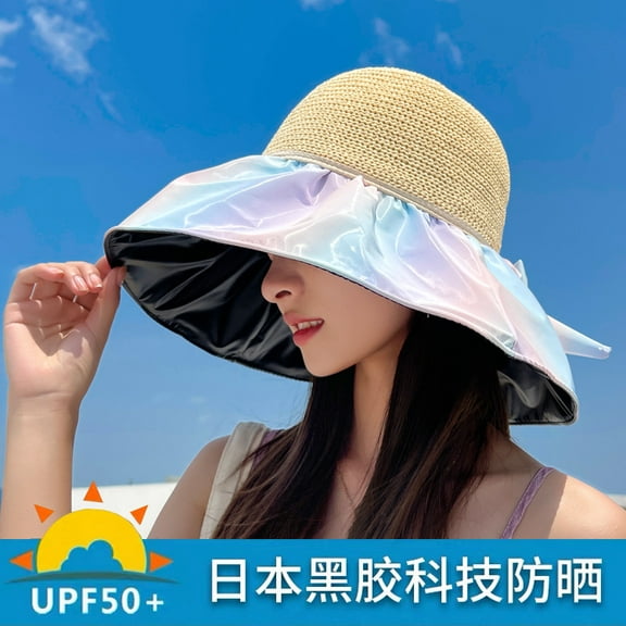 SikaFu Large Eaves Sun Hat Female Summer New Vinyl Sunscreen Hat Straw Cutting Hollow Anti -Ultraviolet Bow Bowl Fisherman Hat