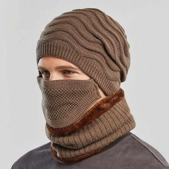 SikaFu Men Beanies Winter Hat Scarf Set Men Warm Double Layers Knitted Hat Scarf with Mask Male Winter Riding Earflap Beanie Hat