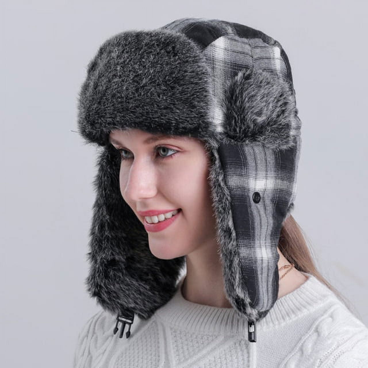 SikaFu Men Women Winter Hat Plaid Thick Warm Russian Hat Male Female Ski Trapper Earflap Cap Windproof Bomber Hat Russian Cap