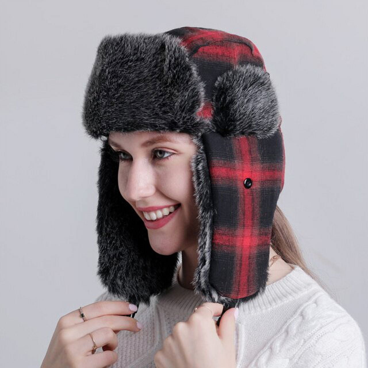 SikaFu Men Women Winter Hat Plaid Thick Warm Russian Hat Male Female Ski Trapper Earflap Cap Windproof Bomber Hat Russian Cap