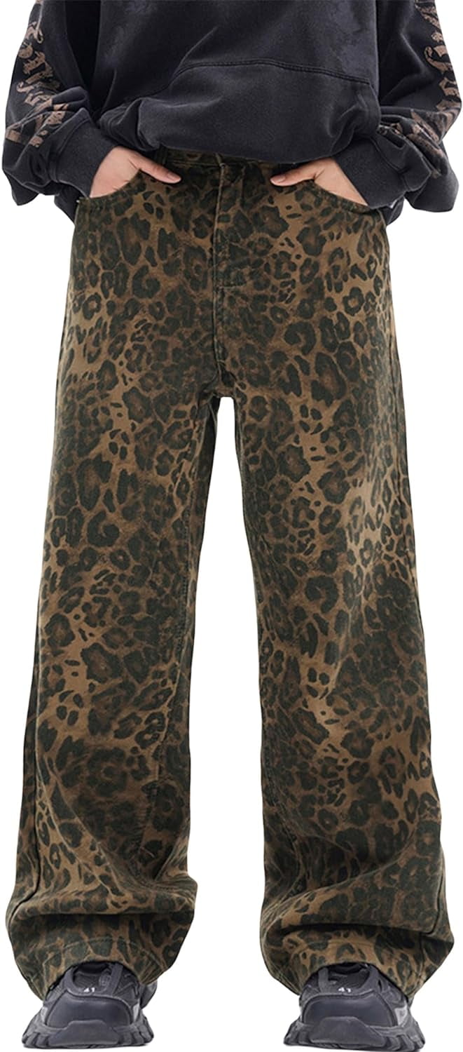 SikaFu Mens Y2k Leopard Print Jeans Baggy Leopard Jeans Vintage Demin ...