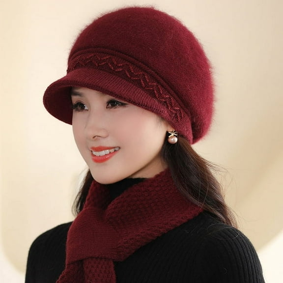 SikaFu Middle -Aged And Elderly Hat Female Autumn And Winter Rabbit Hairy Knitted Hat Winter Elderly Mother Hat Old Lady Hat Muck Tongue Hat